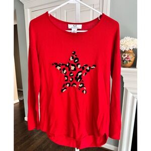 Magaschoni Red Leopard Star Cashmere Blend Sweater Womens XS High Low Crew Neck